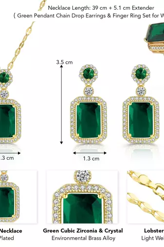 Gold plated cubic zirconia studded green pendant chain drop earrings