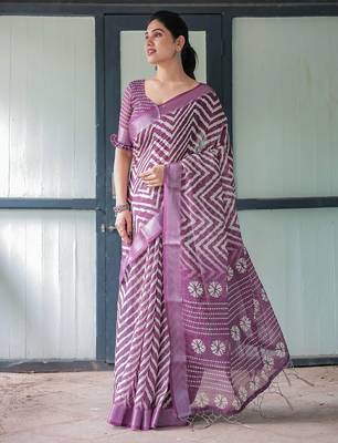 Purple women geometric printed zari  linen saree 2