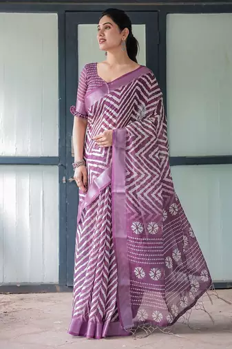 Purple women geometric printed zari  linen saree