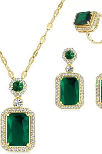 Gold plated cubic zirconia studded green pendant chain drop earrings