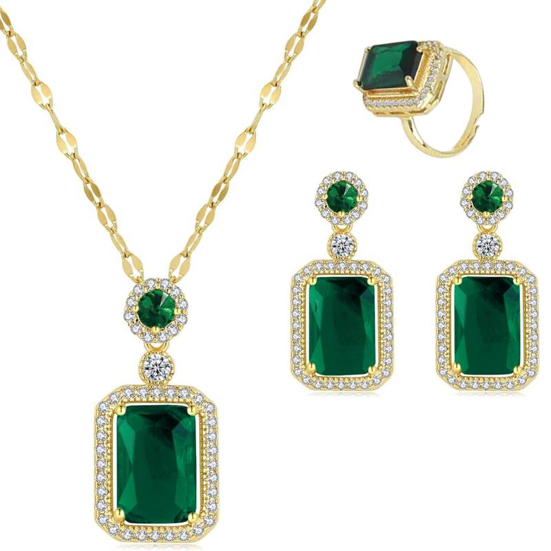 Gold plated cubic zirconia studded green pendant chain drop earrings