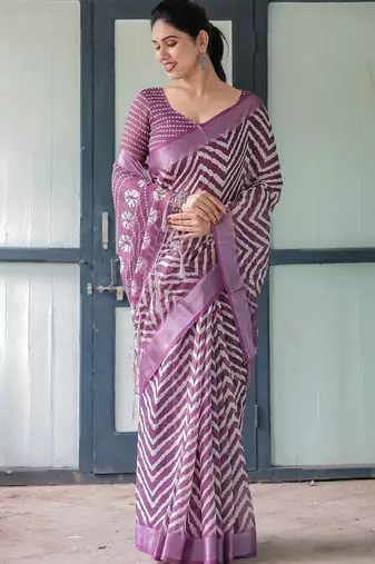 Purple women geometric printed zari  linen saree
