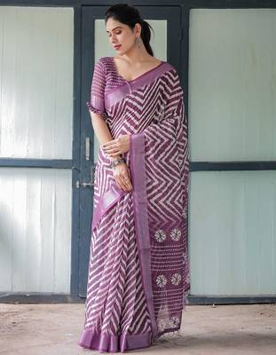 Purple women geometric printed zari  linen saree 5