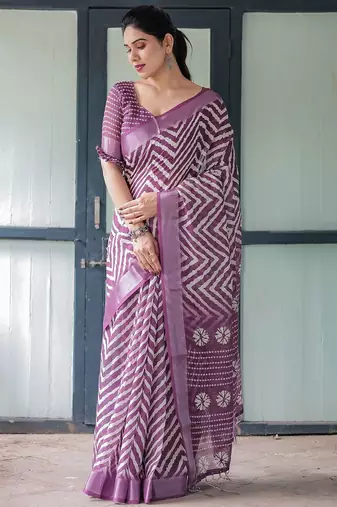 Purple women geometric printed zari  linen saree
