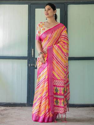 Yellow leheriya printed zari  linen saree 1