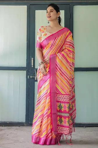 Yellow leheriya printed zari  linen saree