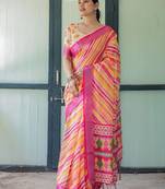 Yellow leheriya printed zari  linen saree