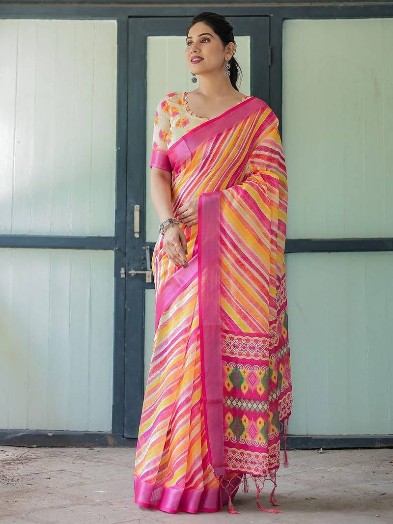 Yellow leheriya printed zari  linen saree