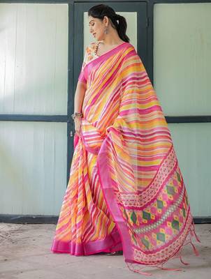 Yellow leheriya printed zari  linen saree 2