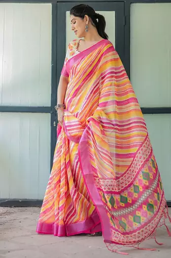 Yellow leheriya printed zari  linen saree