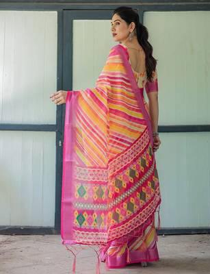 Yellow leheriya printed zari  linen saree 3