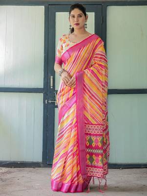 Yellow leheriya printed zari  linen saree 4