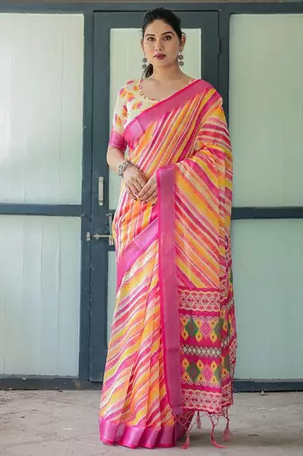 Yellow leheriya printed zari  linen saree