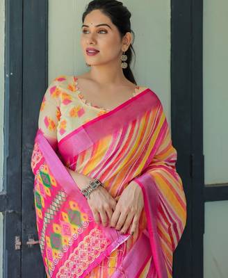 Yellow leheriya printed zari  linen saree 5