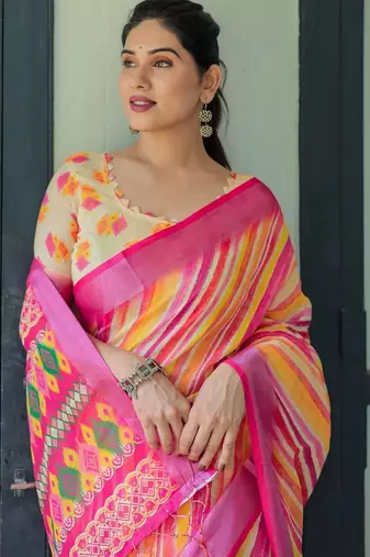 Yellow leheriya printed zari  linen saree