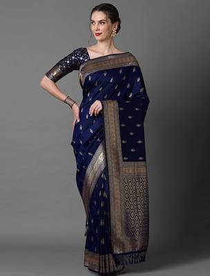 Navy blue women ethnic motifs woven design zari silk blend banarasi saree 1