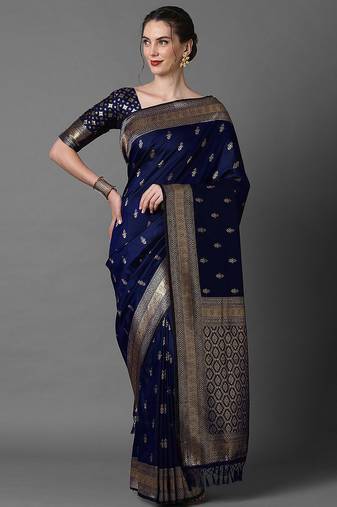 Navy blue women ethnic motifs woven design zari silk blend banarasi saree