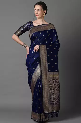 Navy blue women ethnic motifs woven design zari silk blend banarasi saree