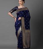 Navy blue women ethnic motifs woven design zari silk blend banarasi saree