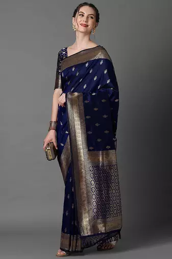 Navy blue women ethnic motifs woven design zari silk blend banarasi saree