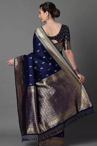 Navy blue women ethnic motifs woven design zari silk blend banarasi saree