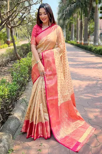 Cream woven design zari kanjeevaram saree