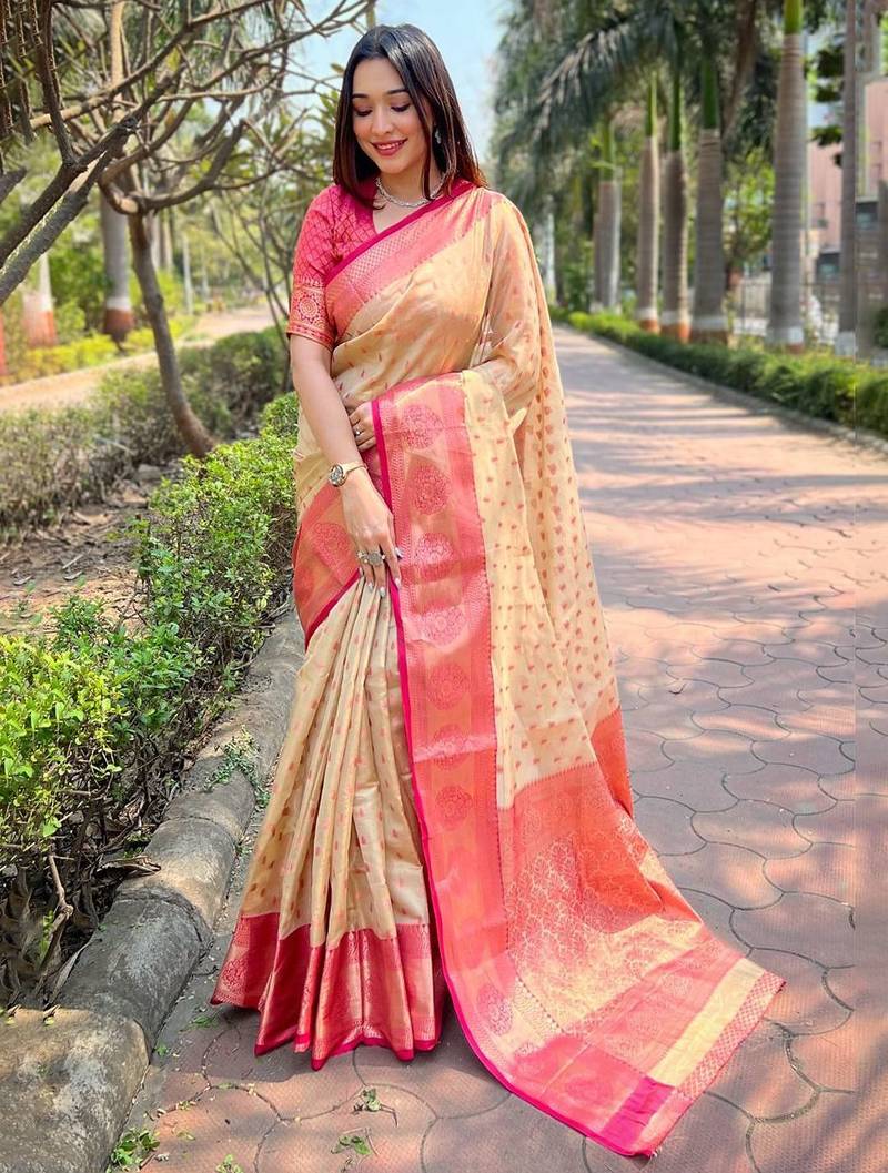 Cream woven design zari kanjeevaram saree