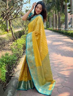 Yellow ethnic motifs woven design zari kanjeevaram saree 2