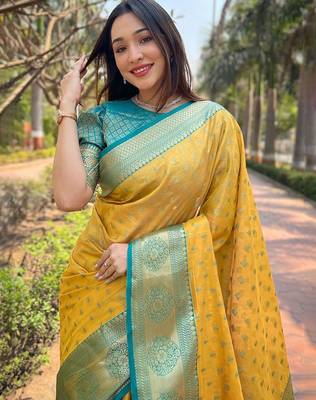 Yellow ethnic motifs woven design zari kanjeevaram saree 3