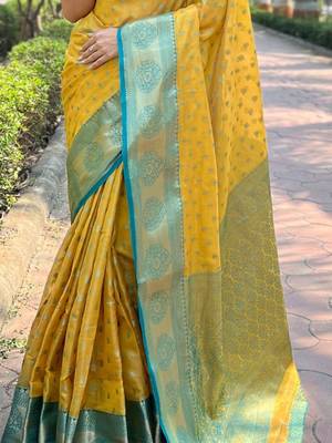 Yellow ethnic motifs woven design zari kanjeevaram saree 4