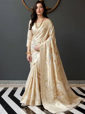 Cream woven design zari banarasi saree 1