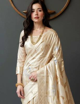 Cream woven design zari banarasi saree 2