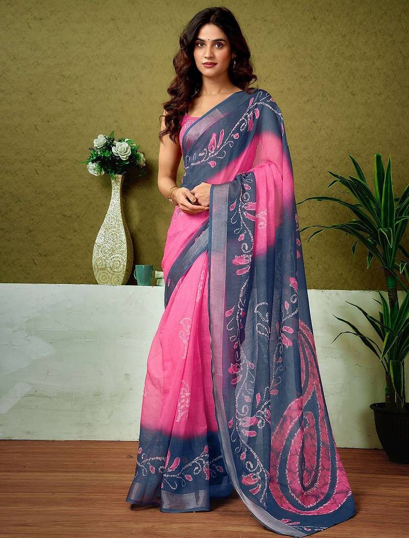 Pink paisley zari  linen ready to wear tussar saree