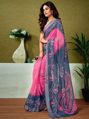 Pink paisley zari  linen ready to wear tussar saree 2