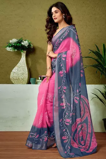 Pink paisley zari  linen ready to wear tussar saree