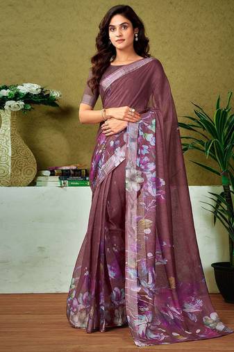 Brown floral zari  linen ready to wear tussar saree