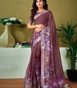 Brown floral zari  linen ready to wear tussar saree