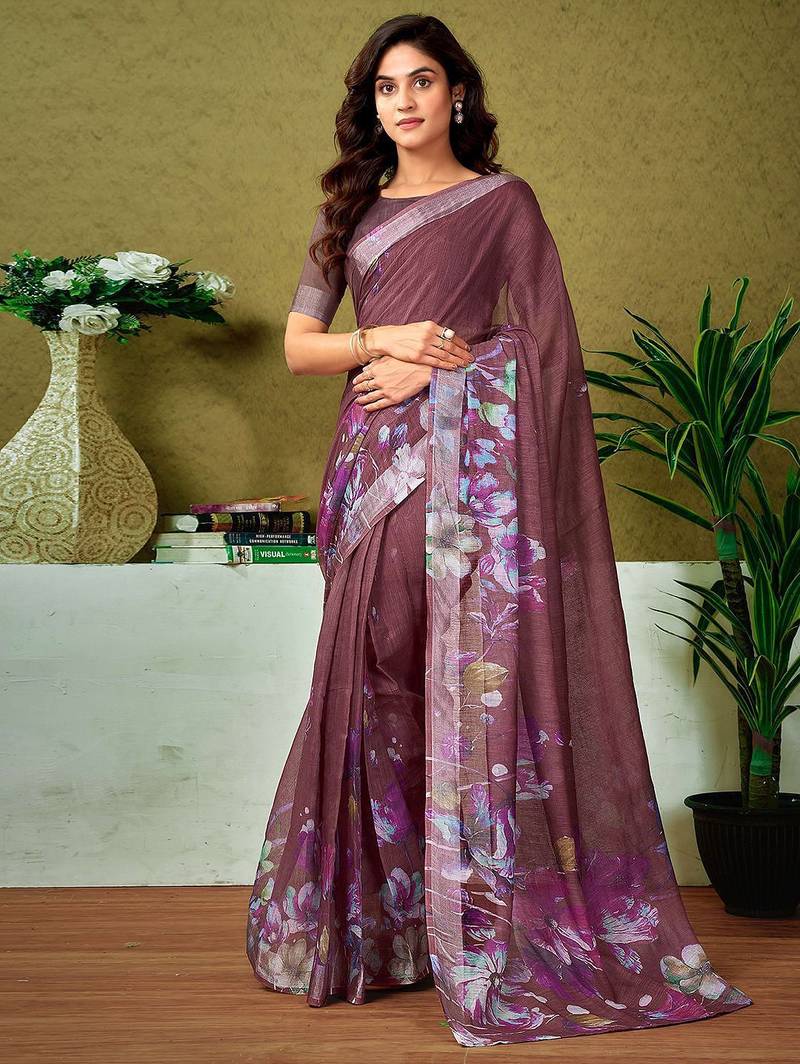 Brown floral zari  linen ready to wear tussar saree