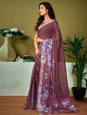 Brown floral zari  linen ready to wear tussar saree 2