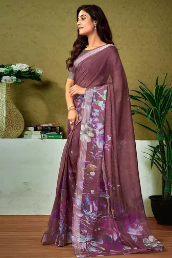 Brown floral zari  linen ready to wear tussar saree