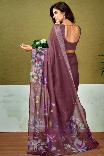 Brown floral zari  linen ready to wear tussar saree