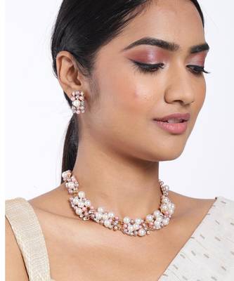 Pearl collection rose cubic zirconia studded choker necklace earring 1
