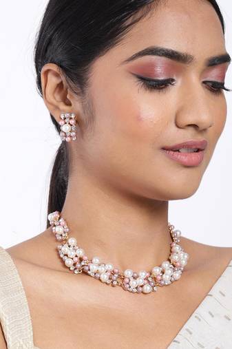 Pearl collection rose cubic zirconia studded choker necklace earring
