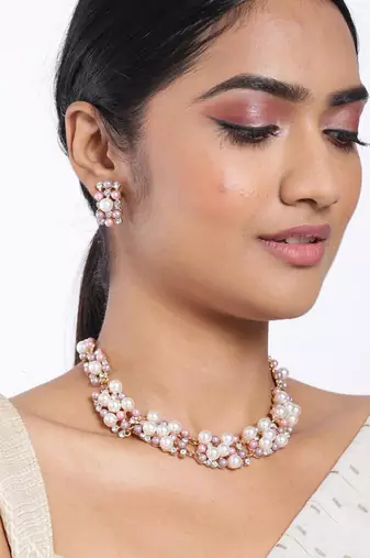 Pearl collection rose cubic zirconia studded choker necklace earring