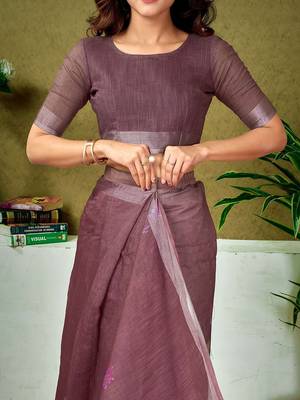 Brown floral zari  linen ready to wear tussar saree 5