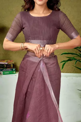 Brown floral zari  linen ready to wear tussar saree