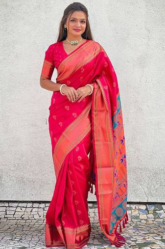 Pink woven design zari silk blend paithani saree