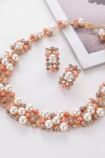 Pearl collection rose cubic zirconia studded choker necklace earring