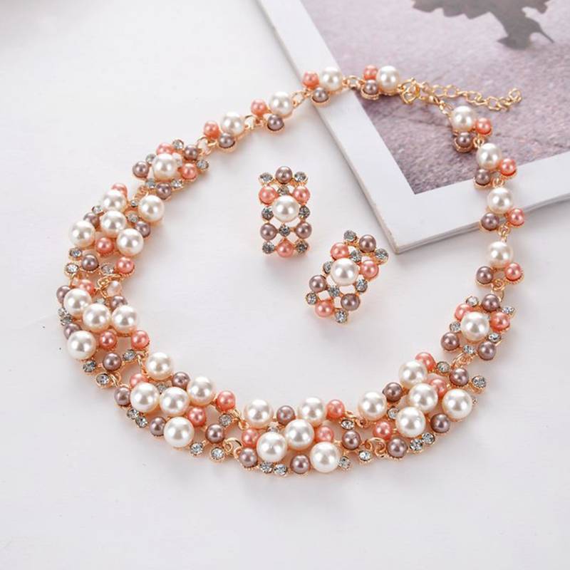 Pearl collection rose cubic zirconia studded choker necklace earring