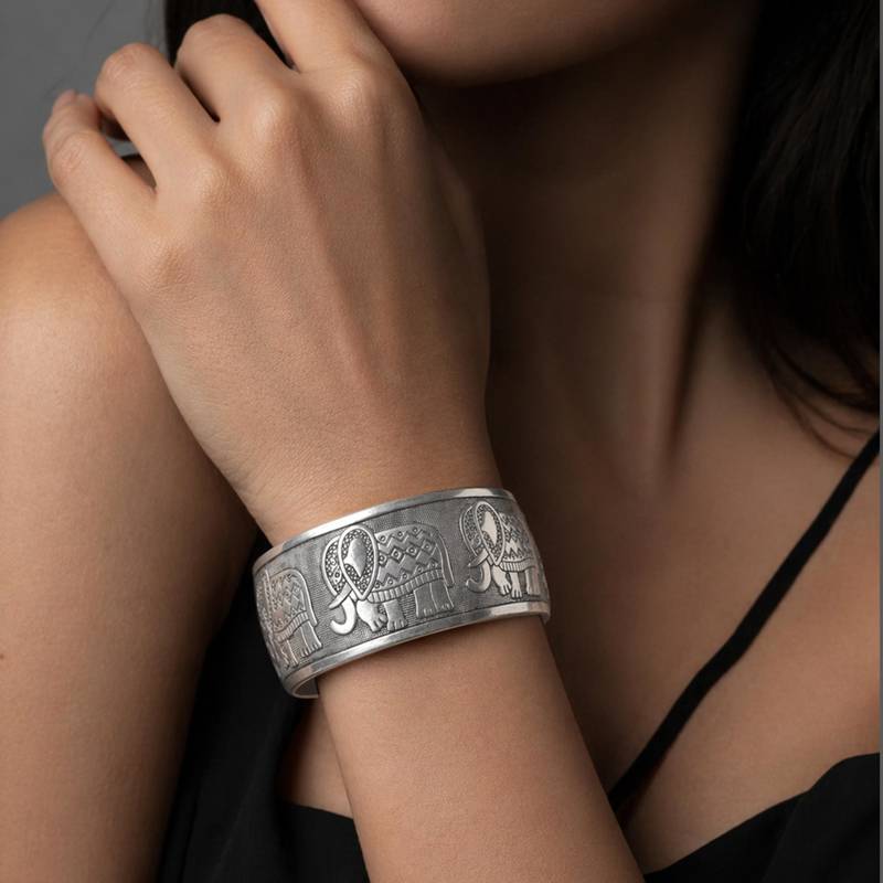 Elephant engraved cuff bracelet for women